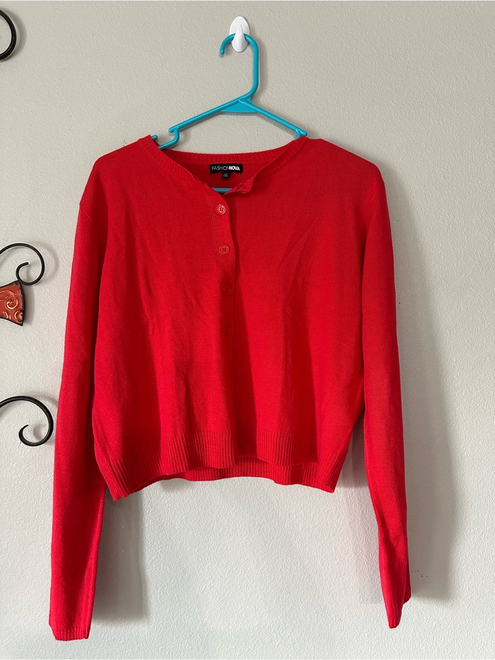 Fashion Nova Red Cropped Henley Button-Front Sweater